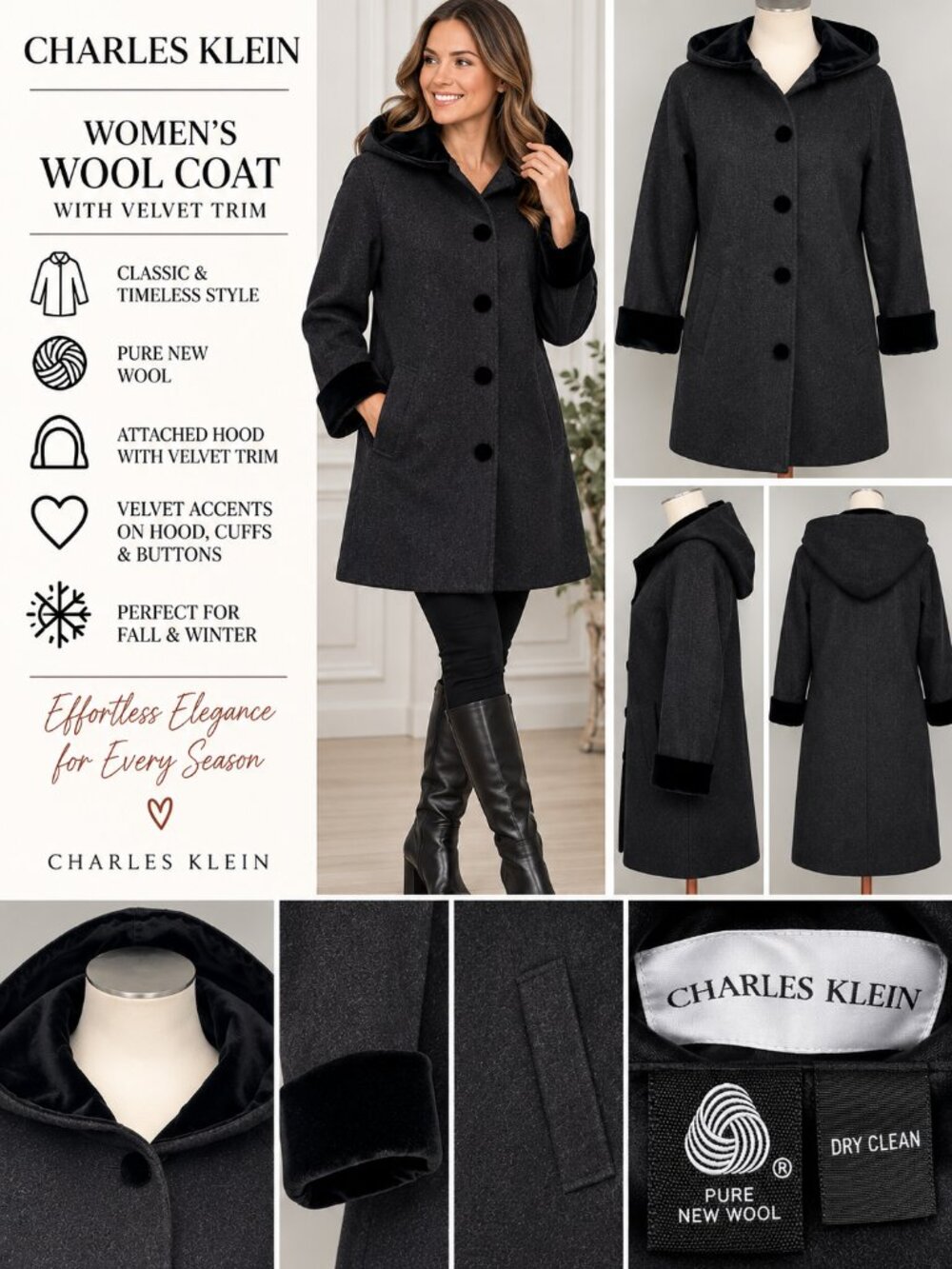 Charles Klein Women’s Charcoal Wool Hooded Coat Black Velvet Trim Classic Winter